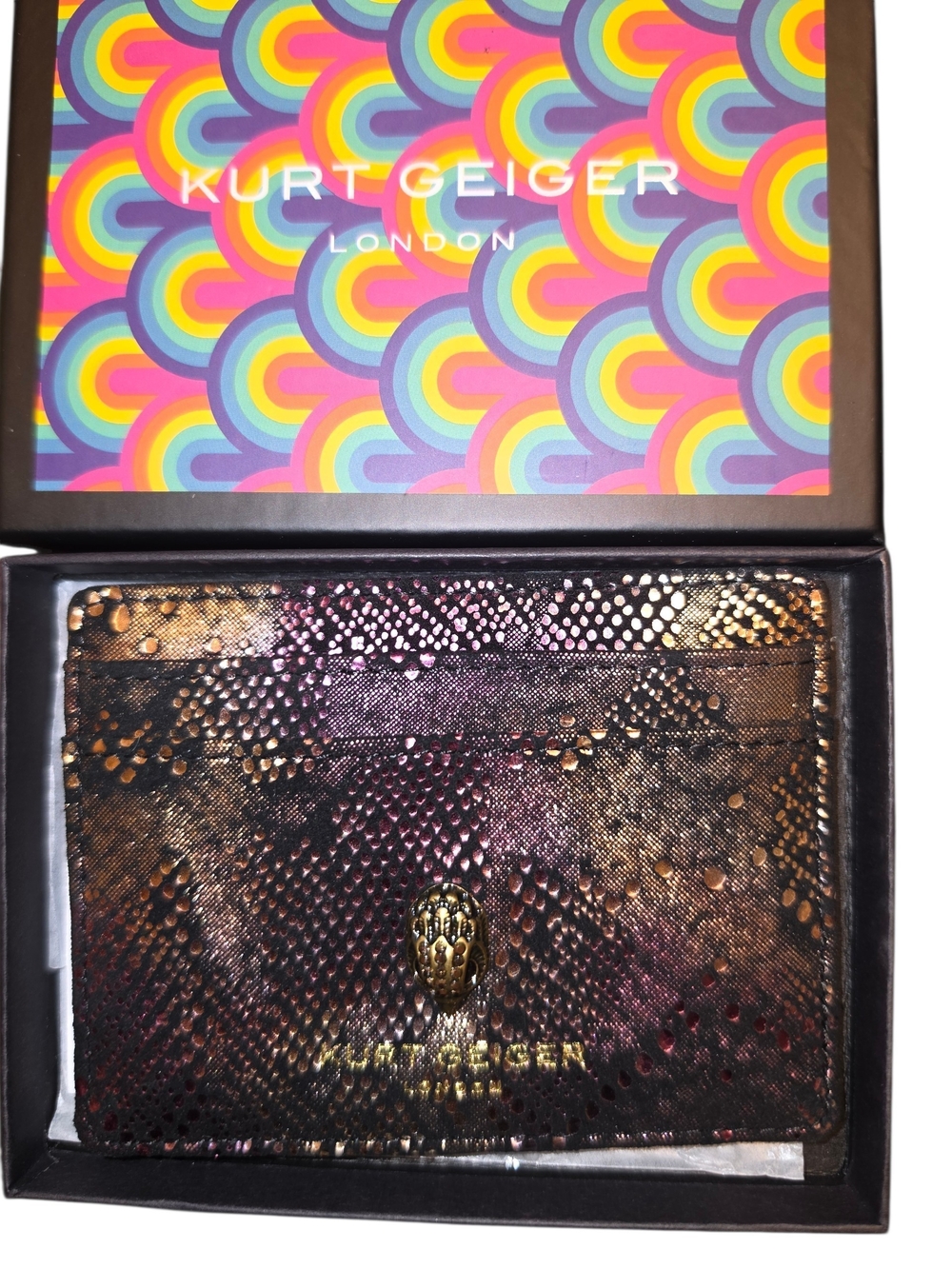 Kurt Geiger Metallic Snake-Embossed Card Holder - Brown & Gold